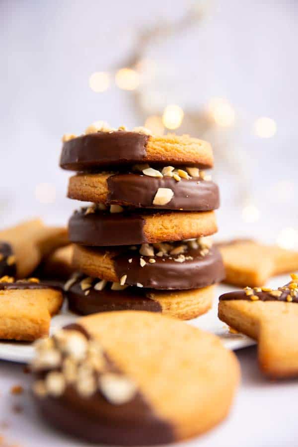 stack of shortbread cookies with chocolate