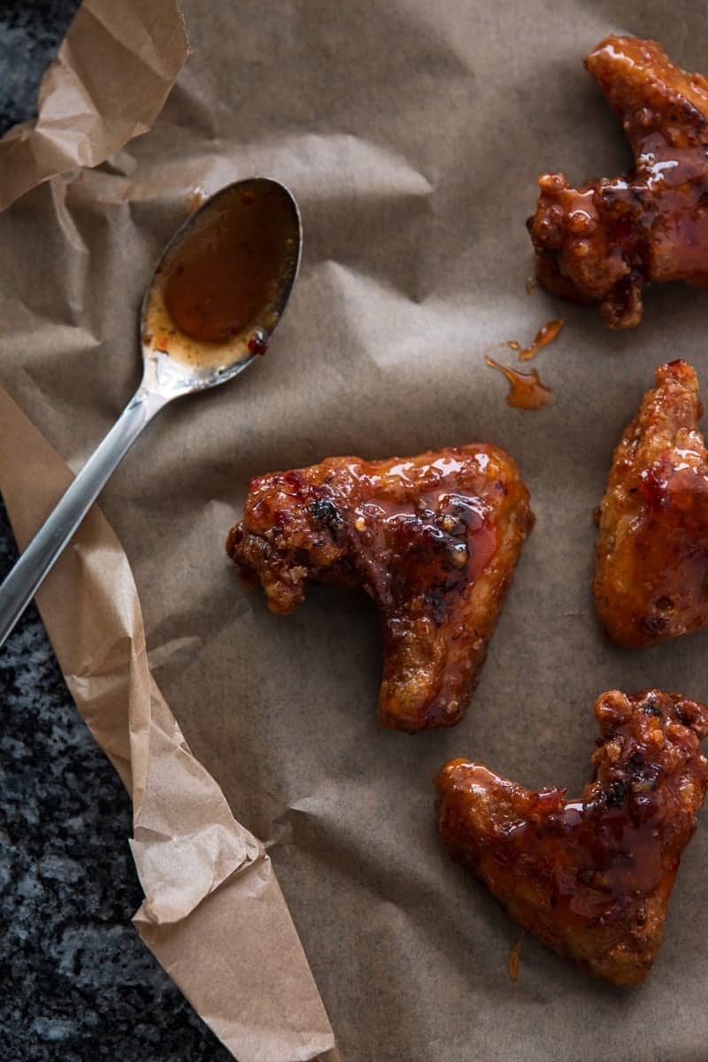 top down view on chili wings on parchment paper