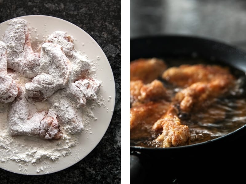 image collage to show breaded chicken wings, and chicken wings being fried