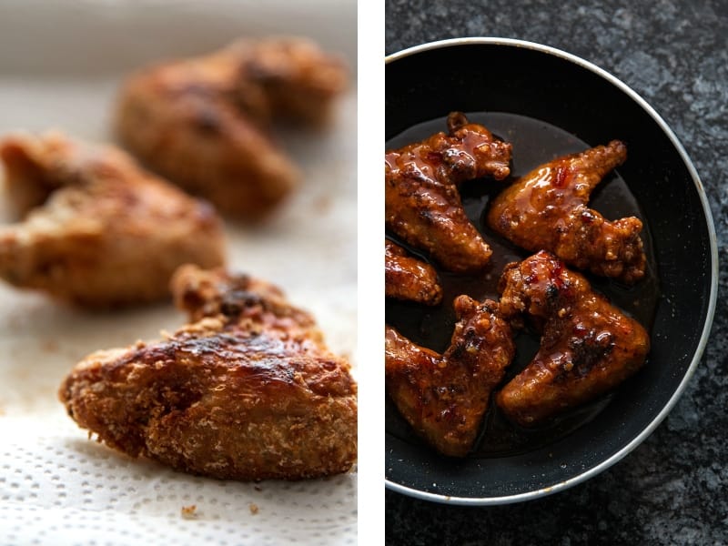 image collage to show fried chicken wings, and glazed chicken wings in skillet
