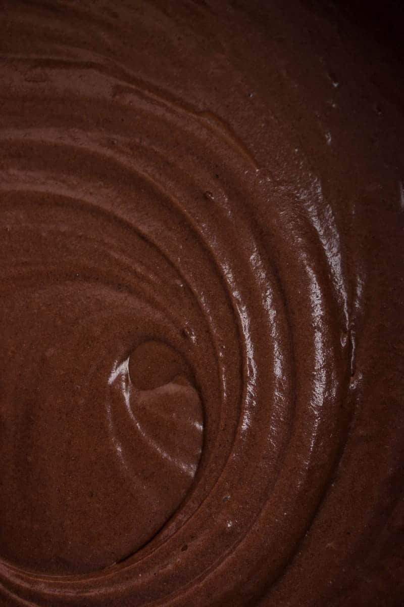 top down view on finished chocolate cake batter