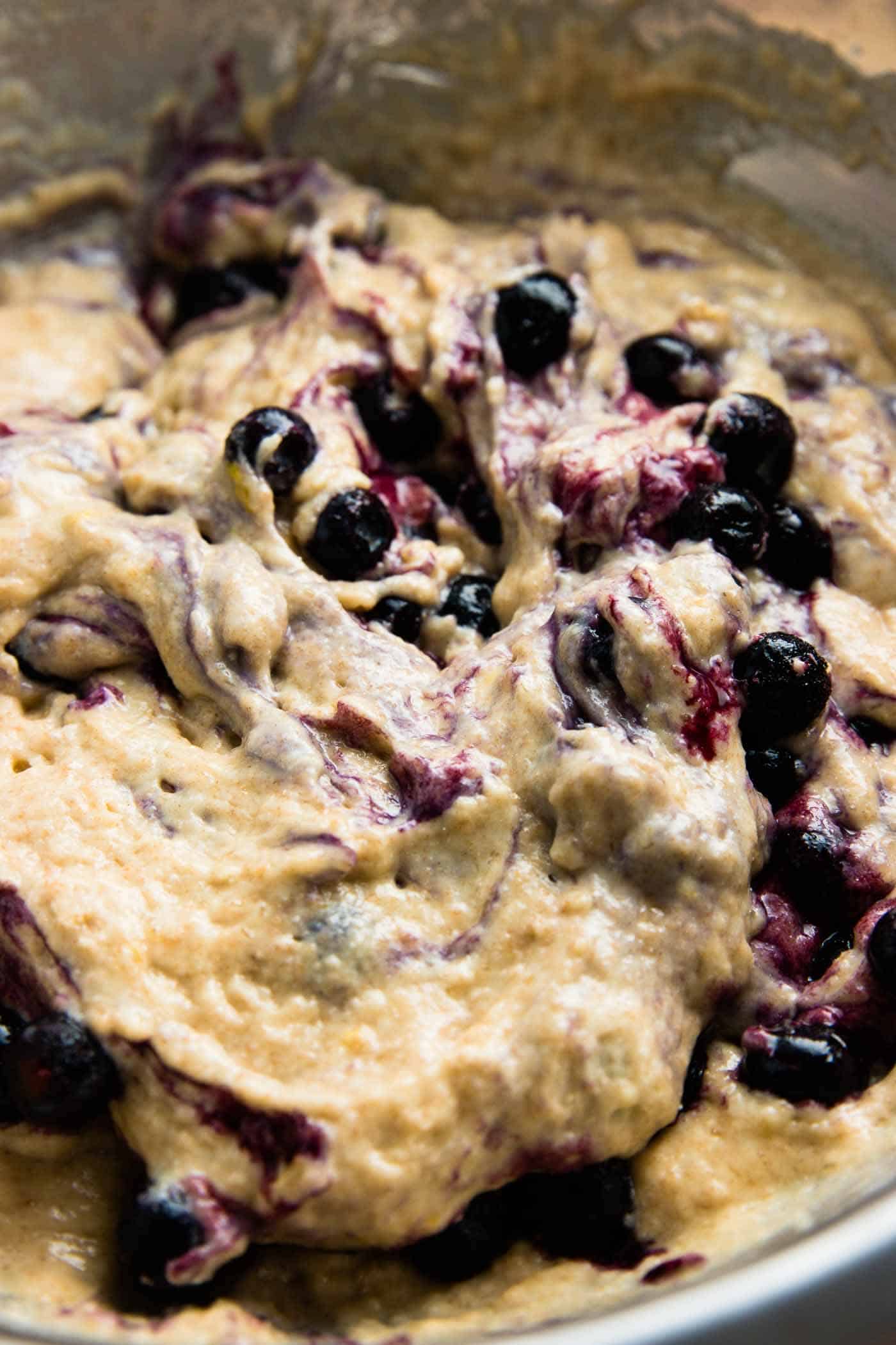 close up photo of batter for lemon blueberry muffins