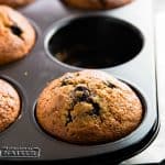 frontal view on muffin pan with baked lemon blueberry muffins