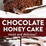 collage of chocolate honey cake with text overlay