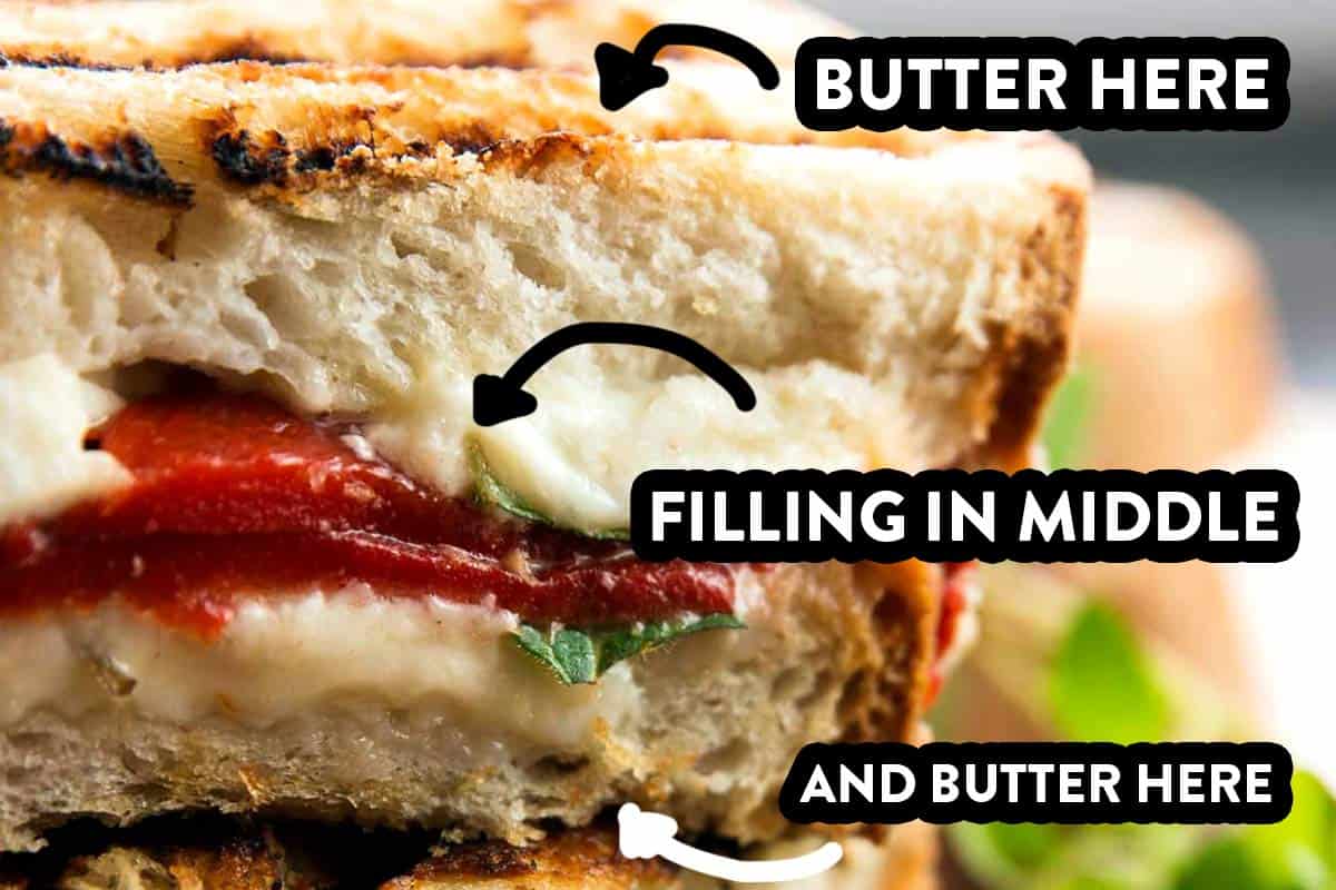 close up of grilled cheese with mushrooms, with text overlays "butter here", "filling in middle", "and butter here"