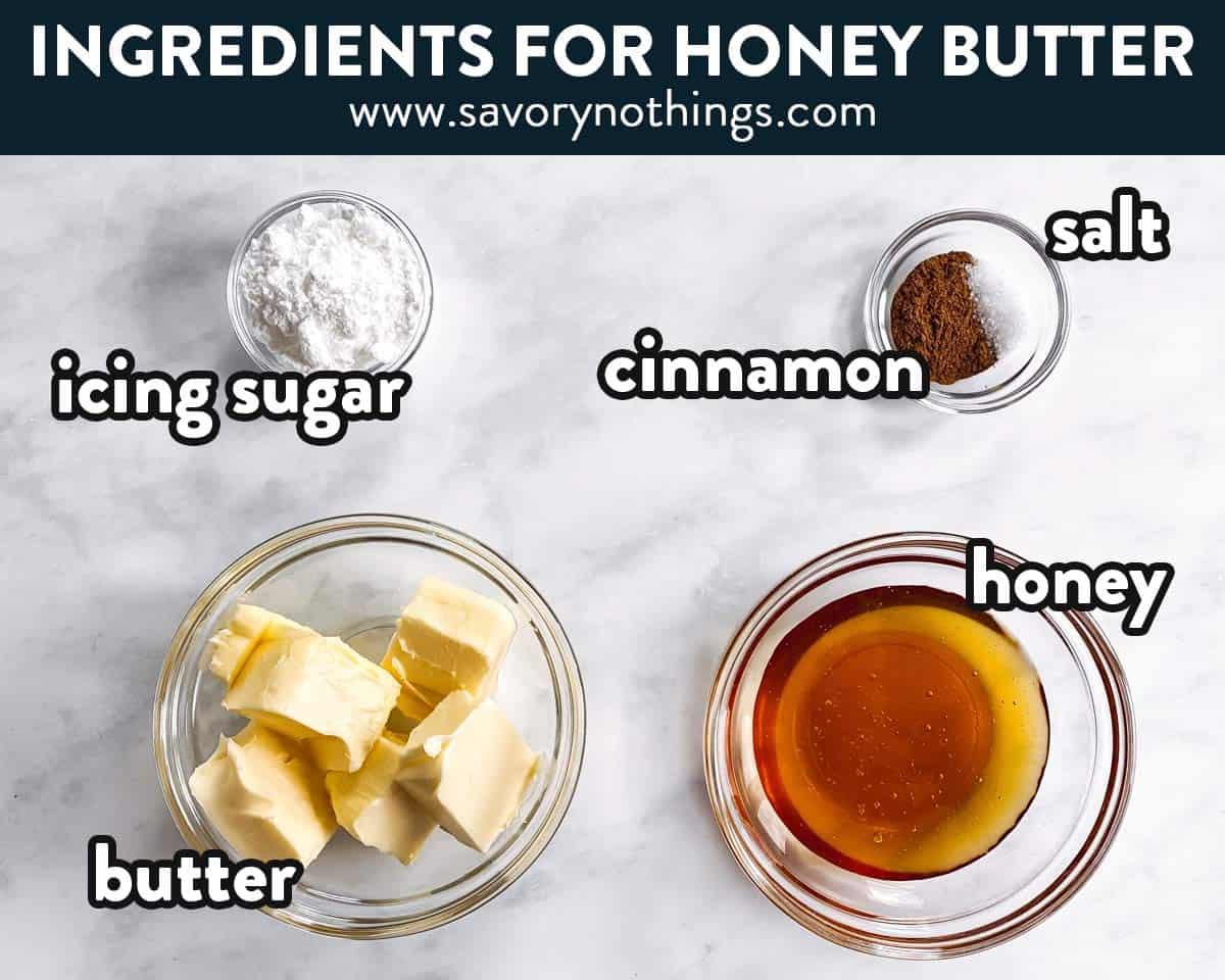 ingredients for honey butter with text labels