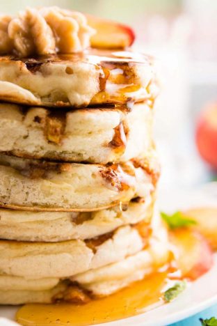 Light and Fluffy Pancakes with Peaches - Savory Nothings