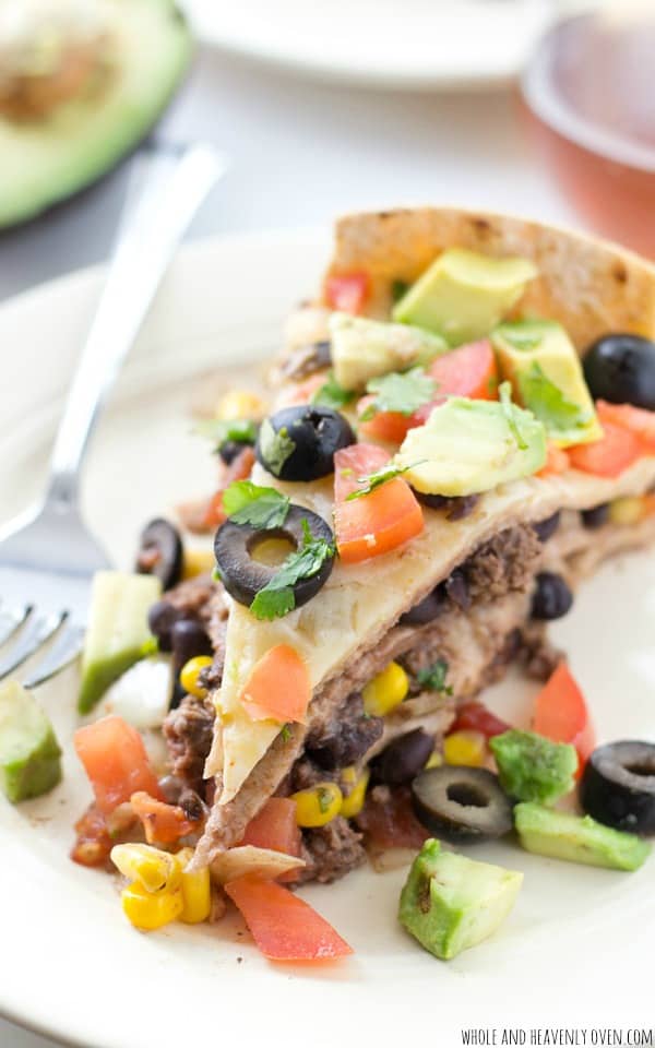 slice of enchilada pie on white plate