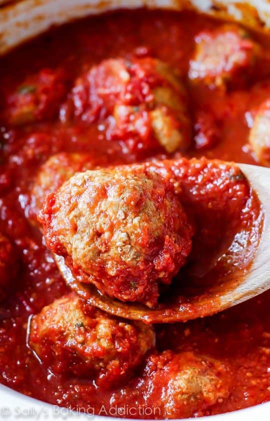 close up of turkey meatballs in tomato sauce