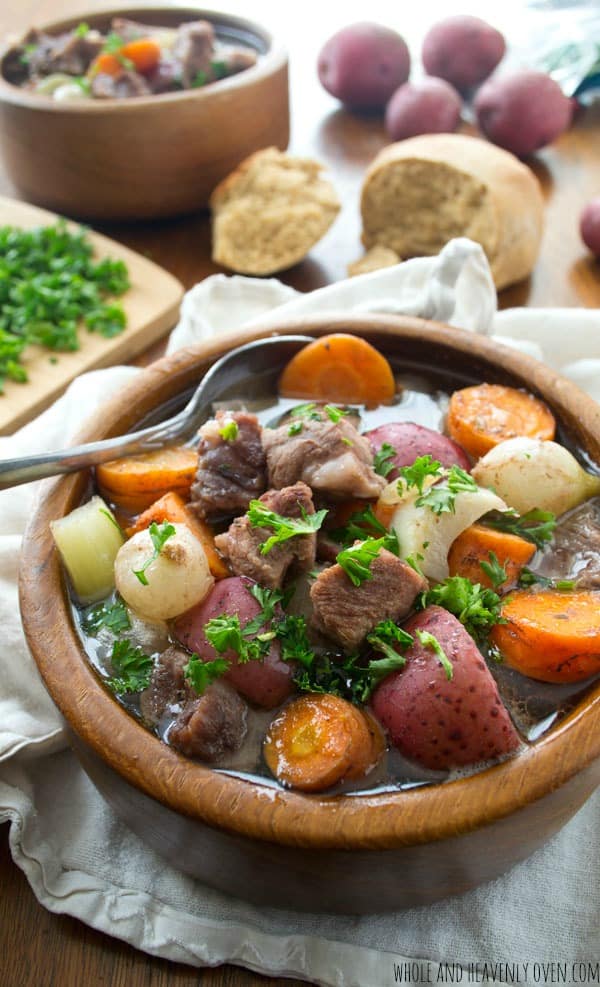 beef stew in wooden bowl