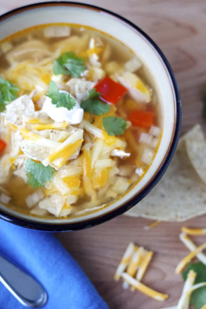 top down view of taco soup in bowl