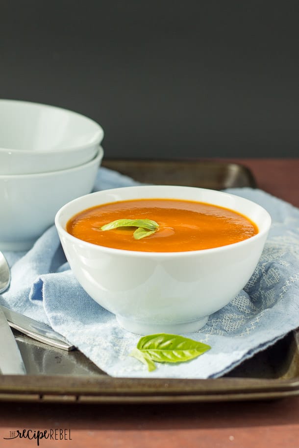 tomato soup in white bowl