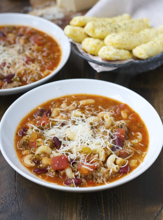 pasta Fagioli in white bowl