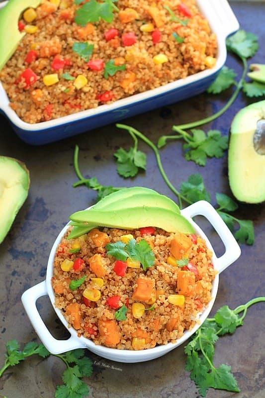 quinoa casserole in white bowl