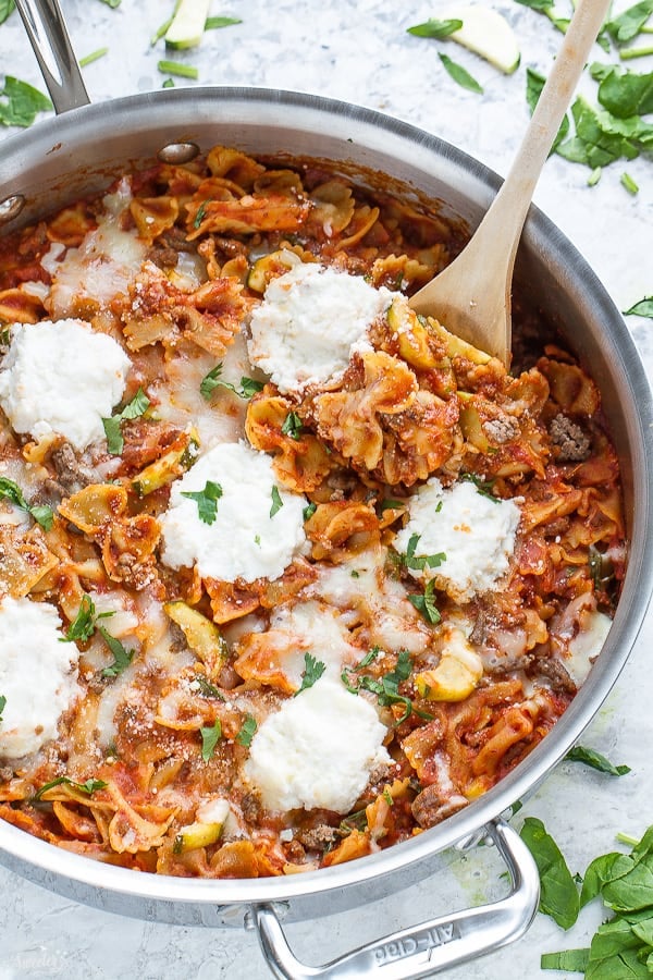 top down view on skillet lasagna