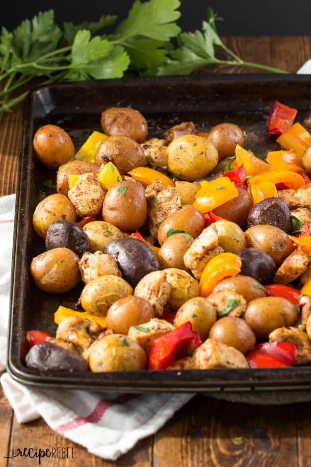 sheet pan with chicken, potatoes and peppers