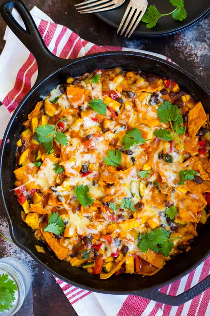 overhead view of enchiladas in skillet