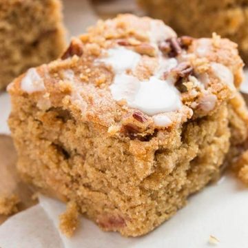 slice of apple snack cake with maple frosting