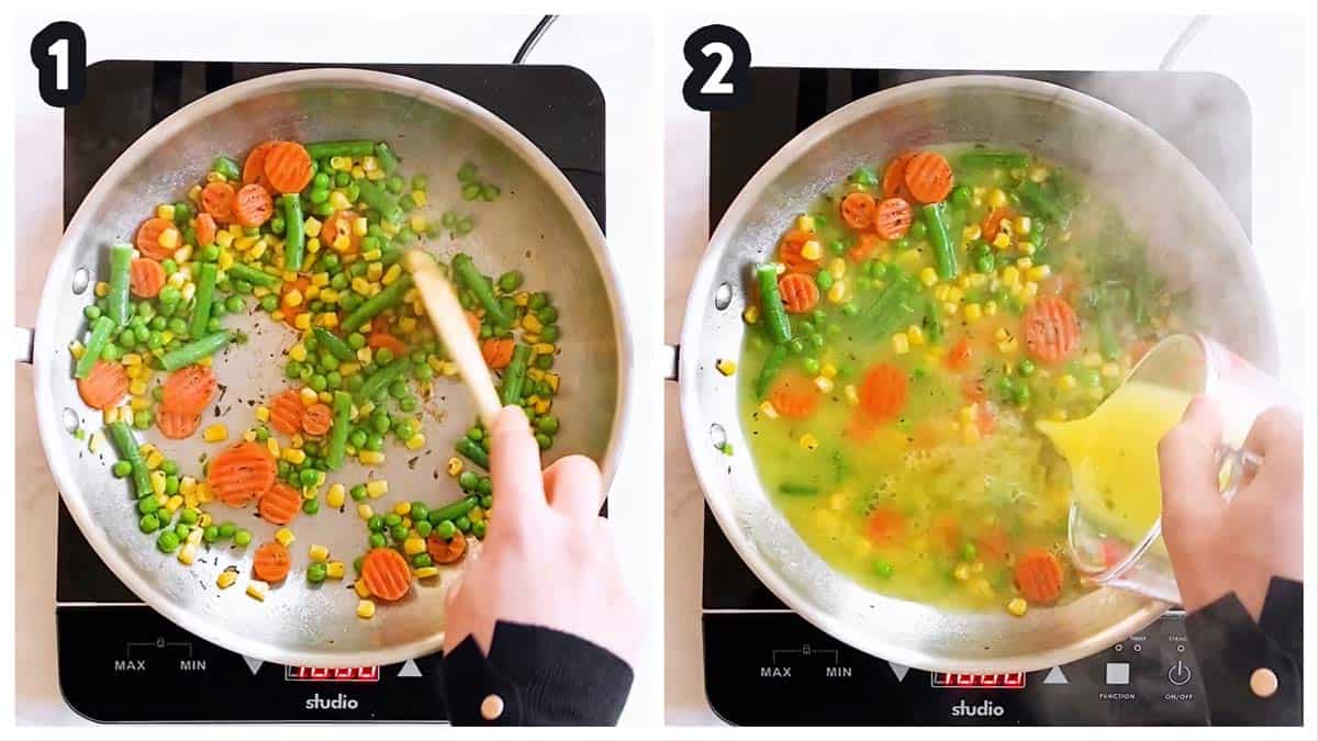 collage of photos to show sautéing frozen vegetables