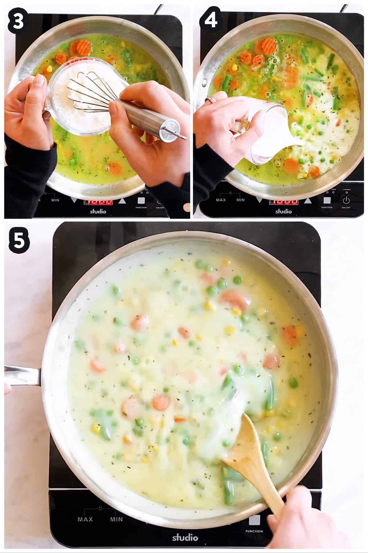 collage of steps to show thickening gravy for pot pie