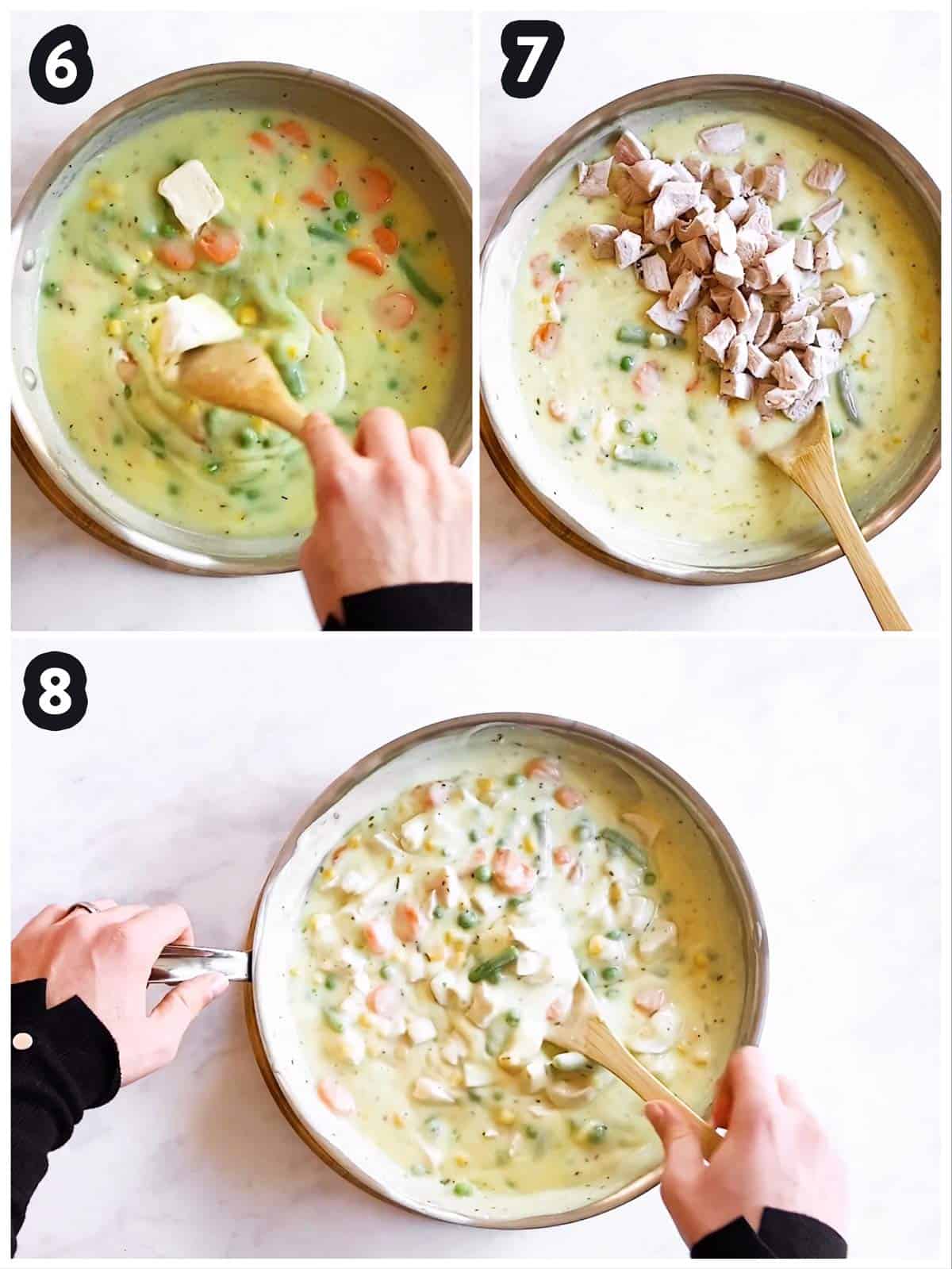 collage of steps to show assembly of pot pie filling