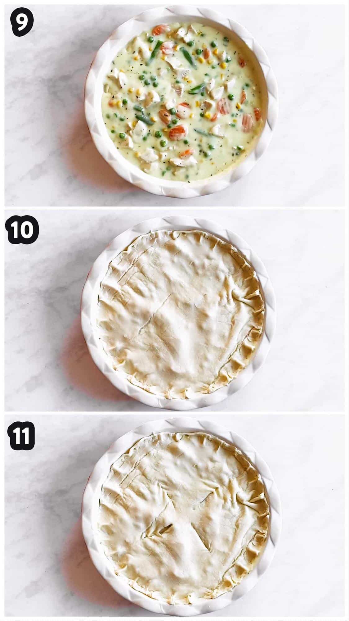 collage of photos to show steps of assembling a turkey pot pie in a pie plate