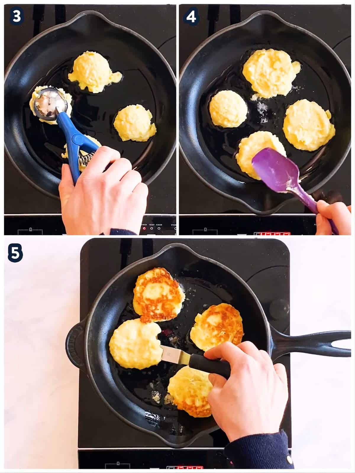 collage to show pan-frying of potato pancakes