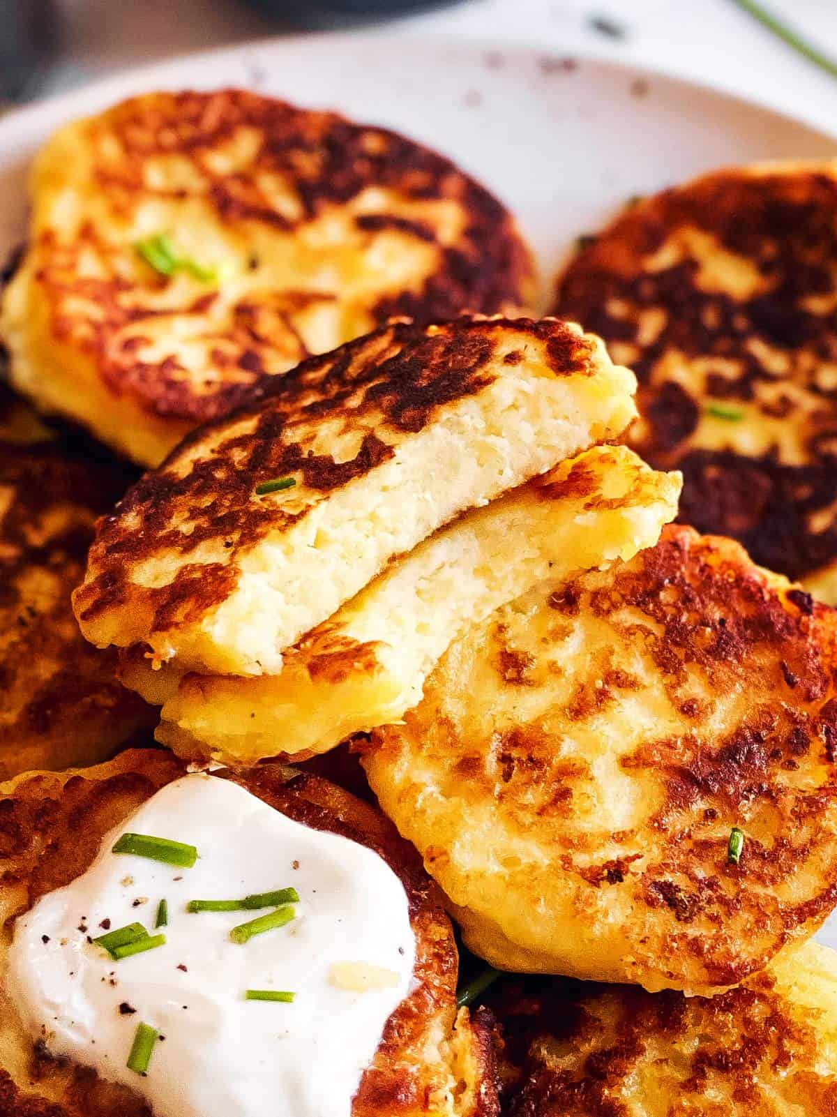 close up of halved potato pancake