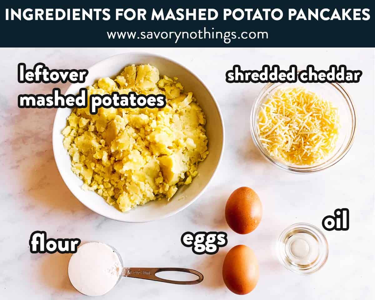 ingredients for mashed potato pancakes with text labels