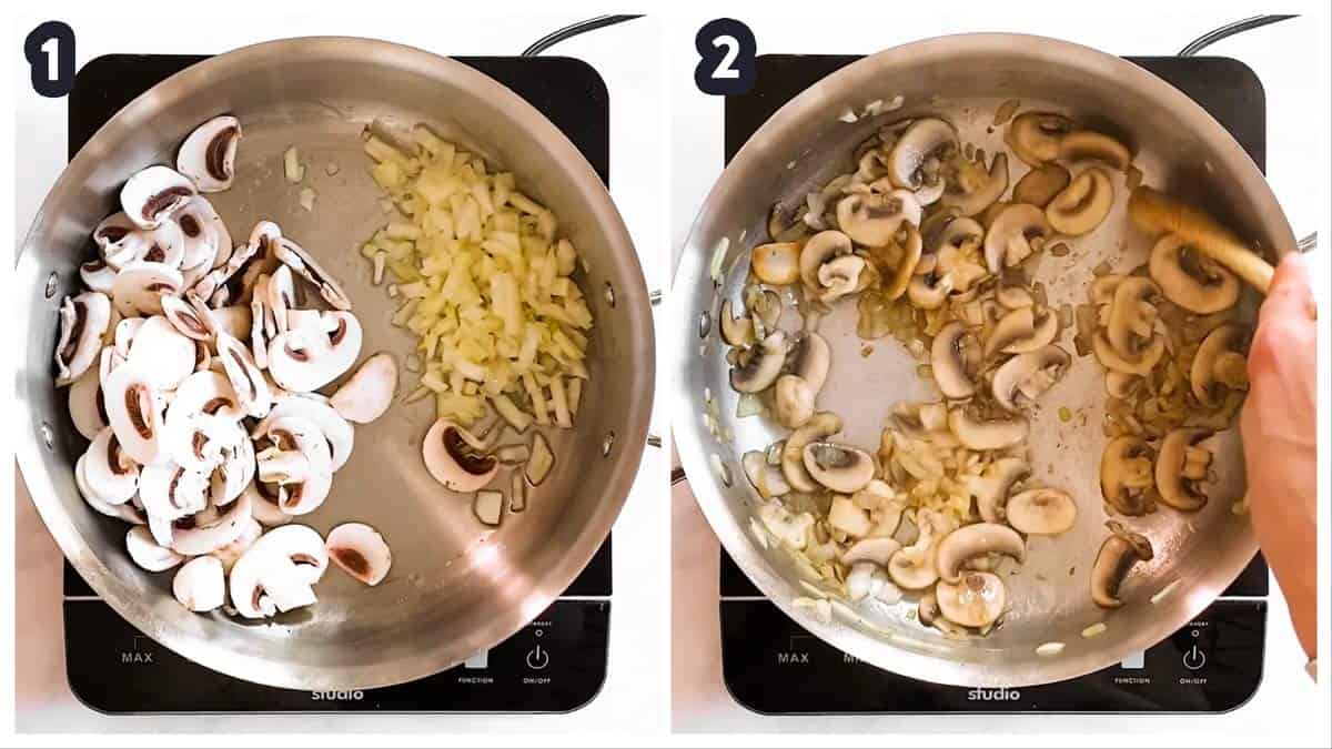 collage pf photos to show how to sauté onions and mushrooms