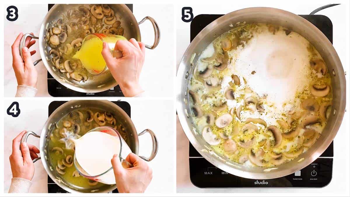 collage of photos to show how to make the sauce for turkey tetrazzini