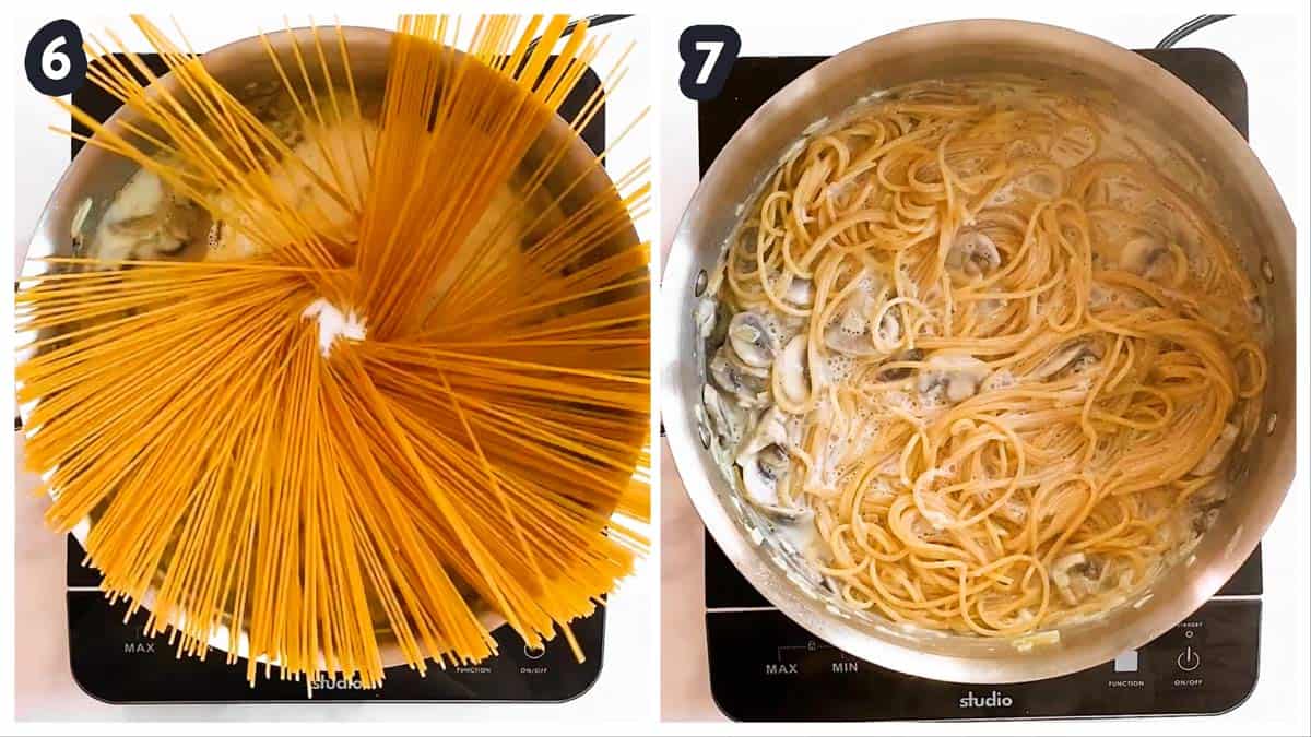 collage oh photos to show first uncooked, then cooked spaghetti in a dish of turkey tetrazzini