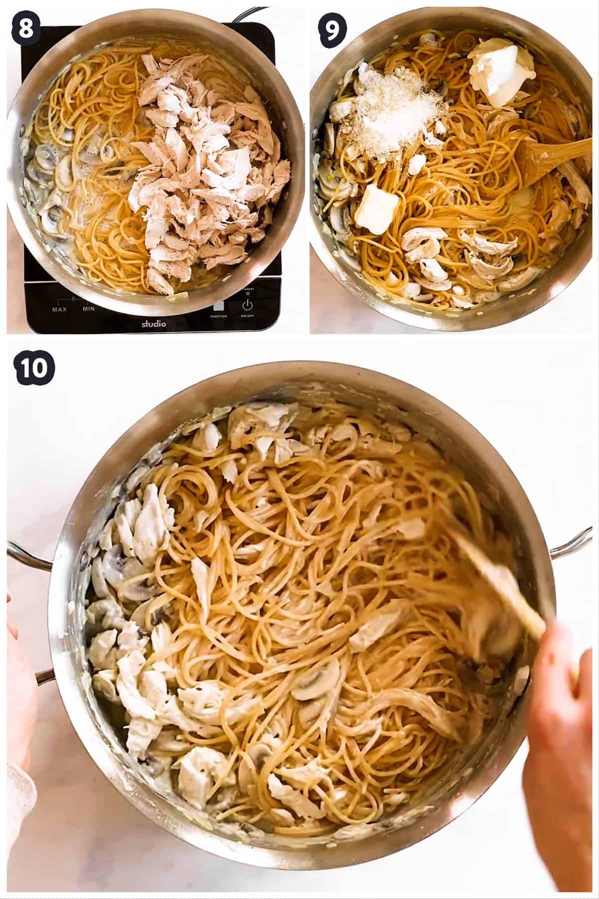 collage of photos to show how to assemble a dish of turkey tetrazzini