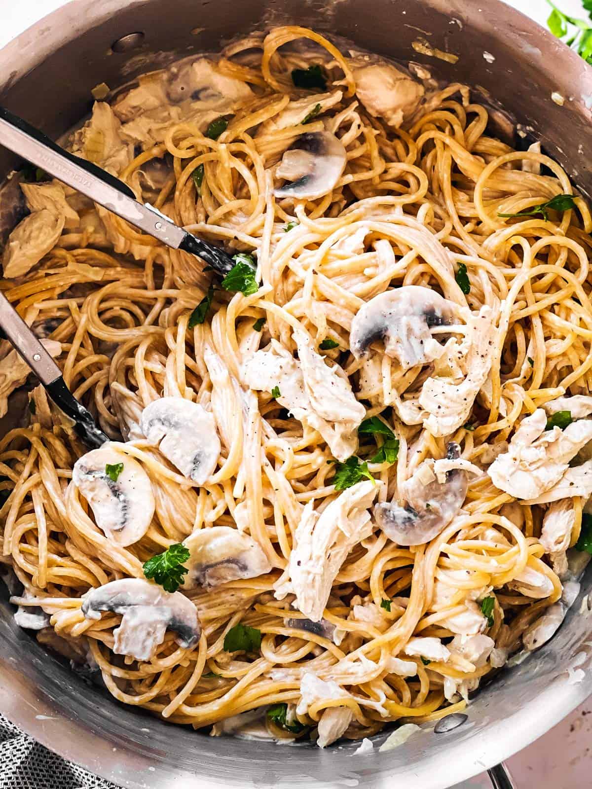 overhead view of turkey tetrazzini in skillet