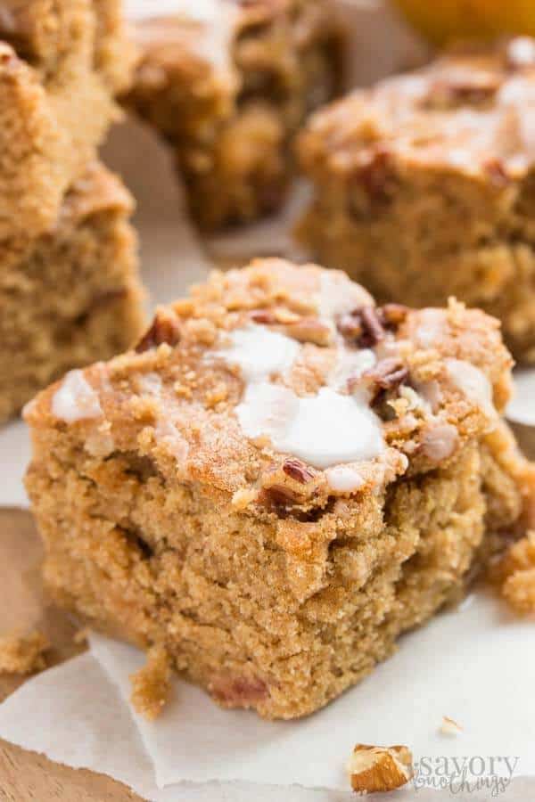 slice of apple snack cake with maple frosting