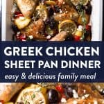 photo collage of greek chicken sheet pan dinner with text overlay