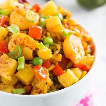 shrimp fried rice in white bowl