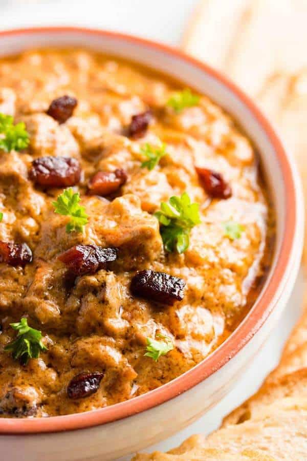 close up photo of cheeseburger dip in a small bowl