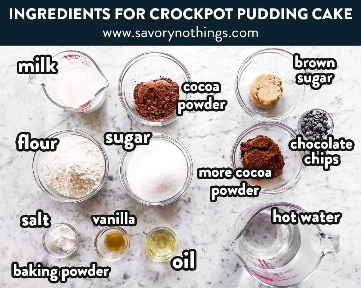 ingredients for chocolate pudding cake with text labels