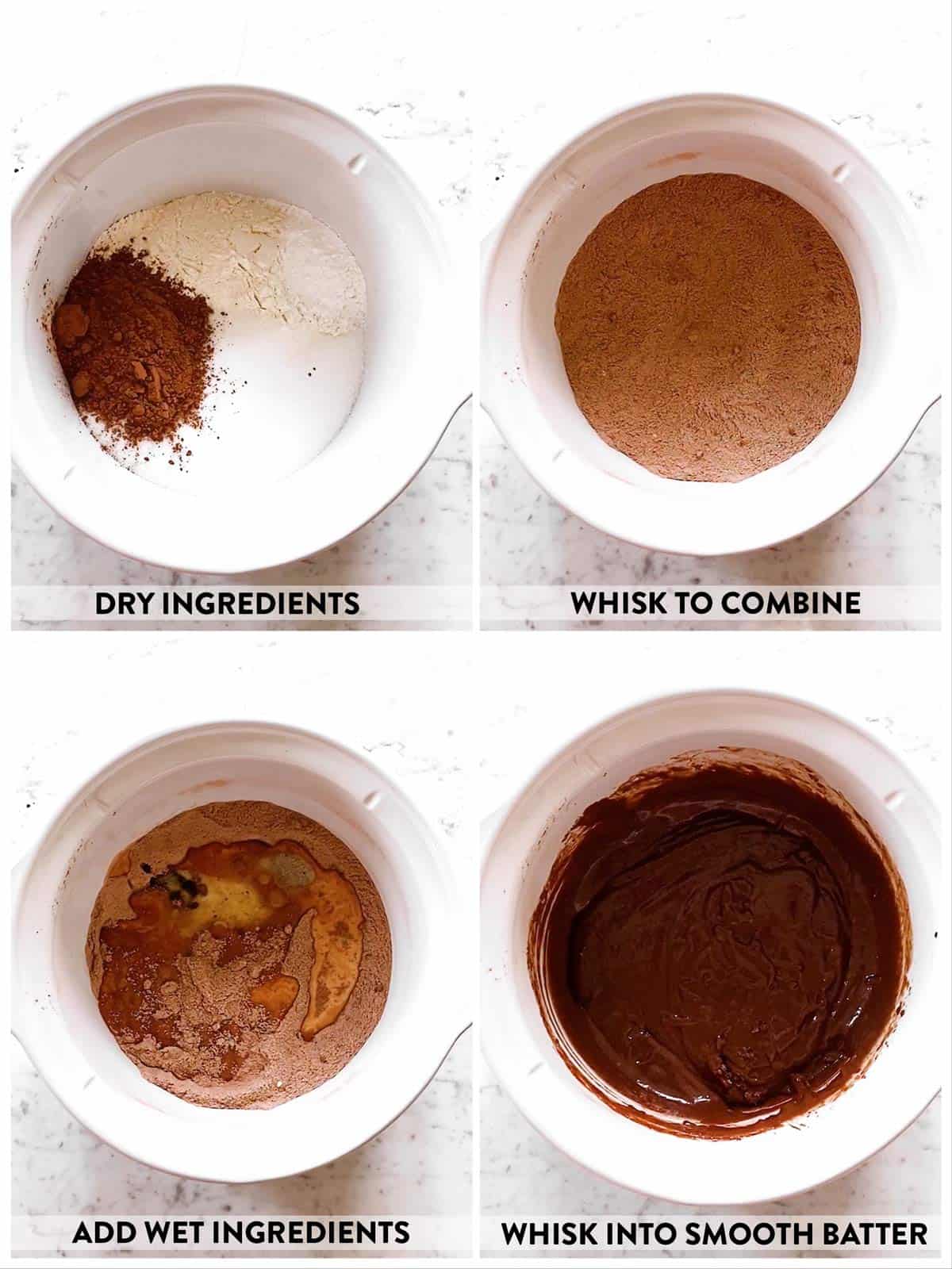 photo collage to show how to make batter for chocolate pudding cake