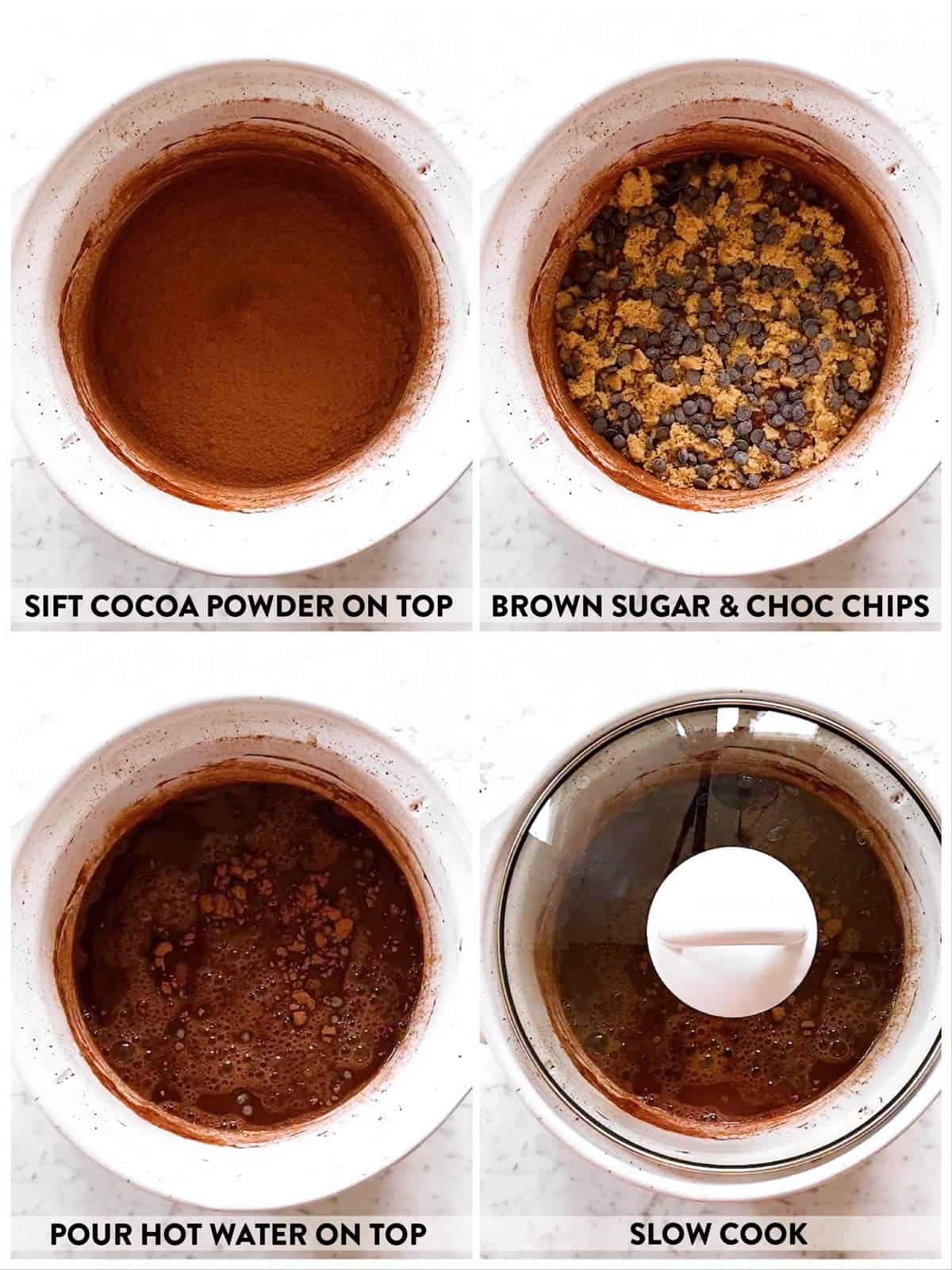 photo collage to show how to make topping for chocolate pudding cake
