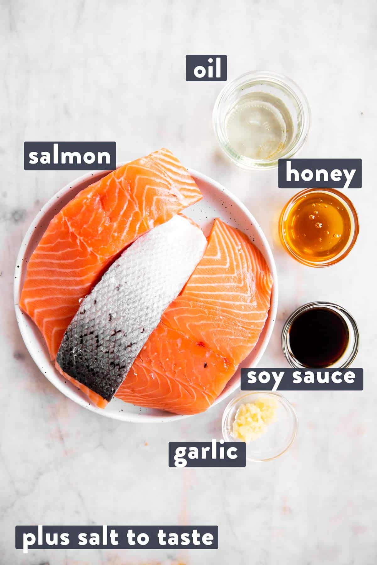 ingredients for honey garlic baked salmon with text labels