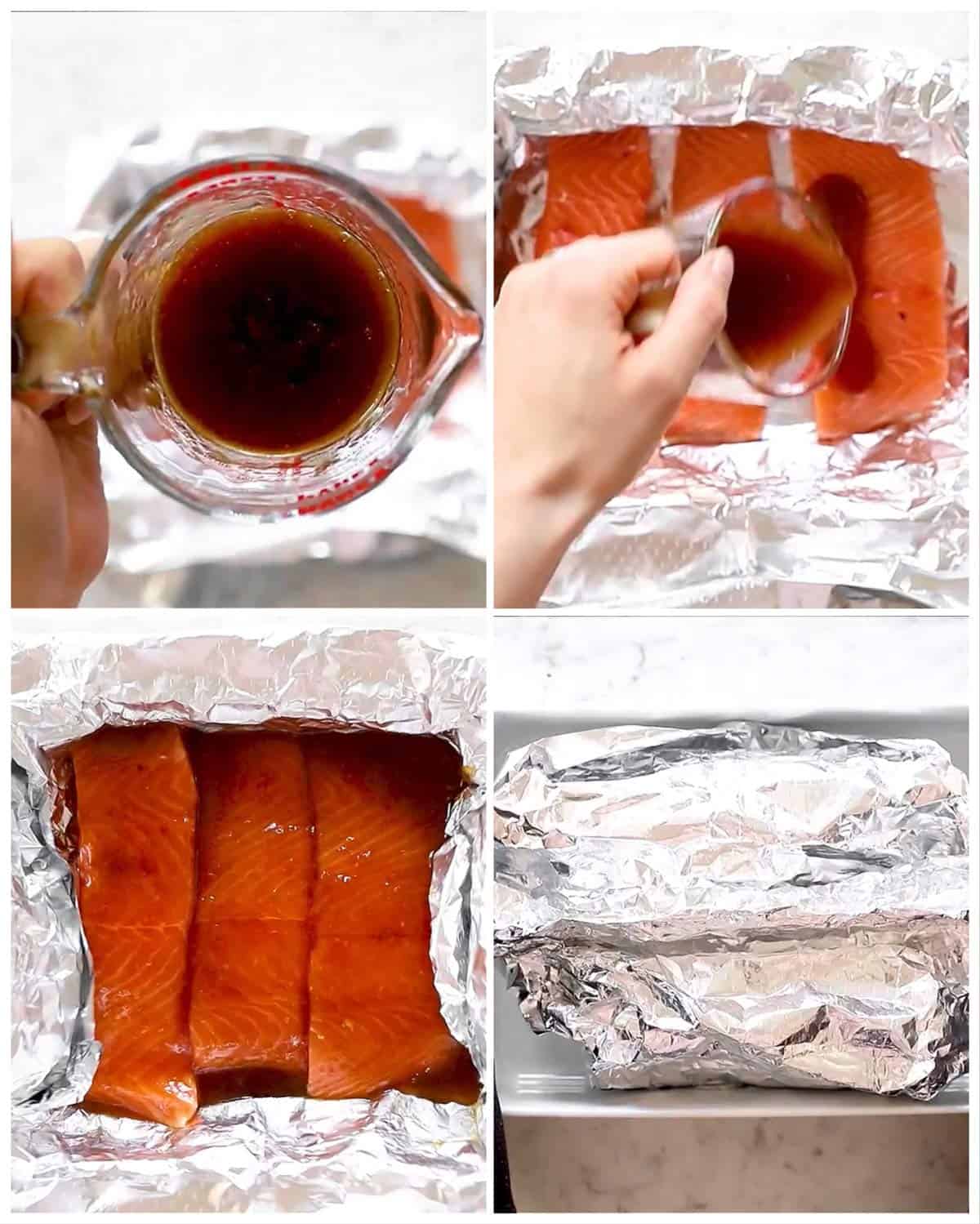 photo collage to show how to prepare honey garlic salmon baked in foil