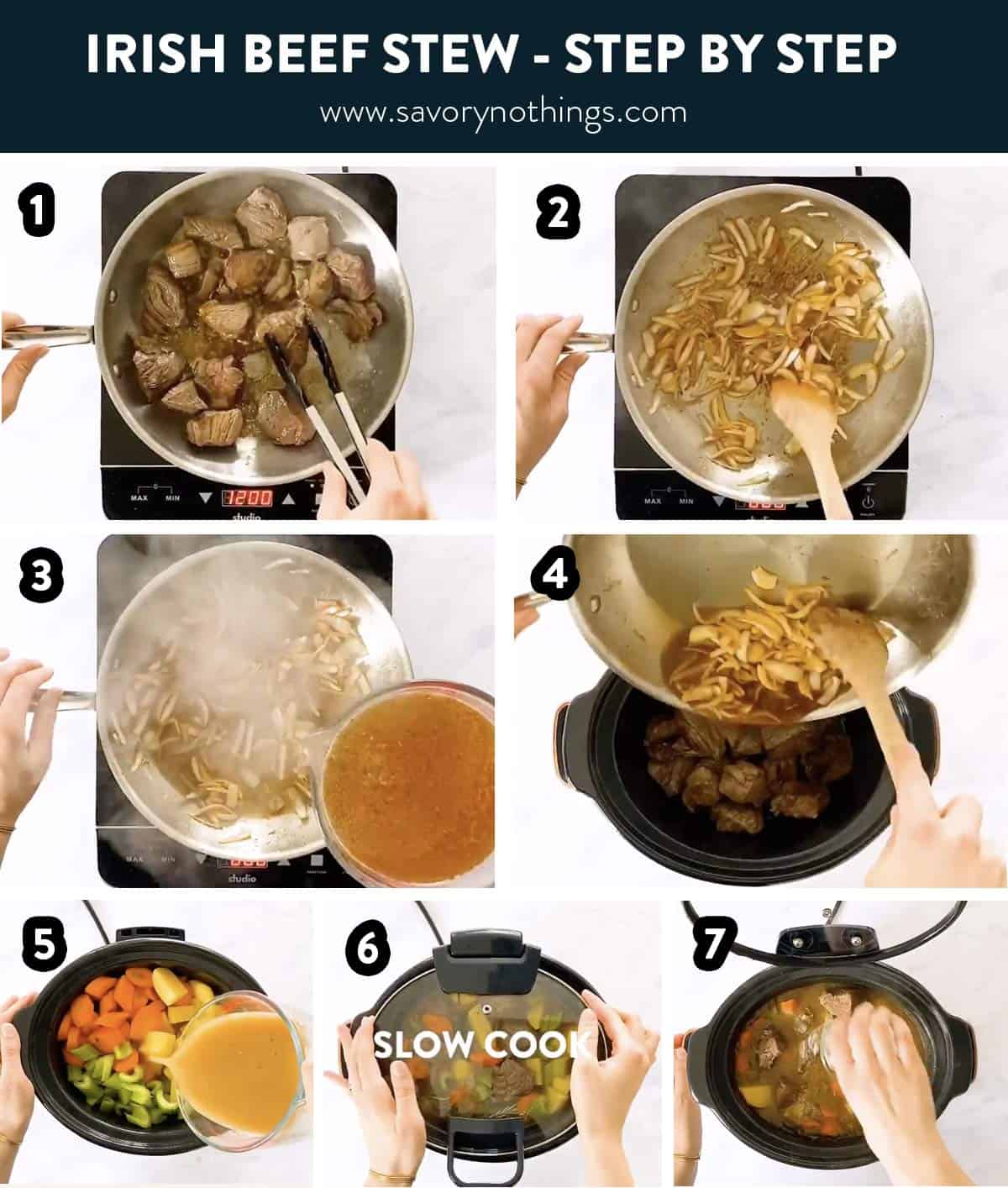 photo collage to show how to make Irish beef stew in the crockpot