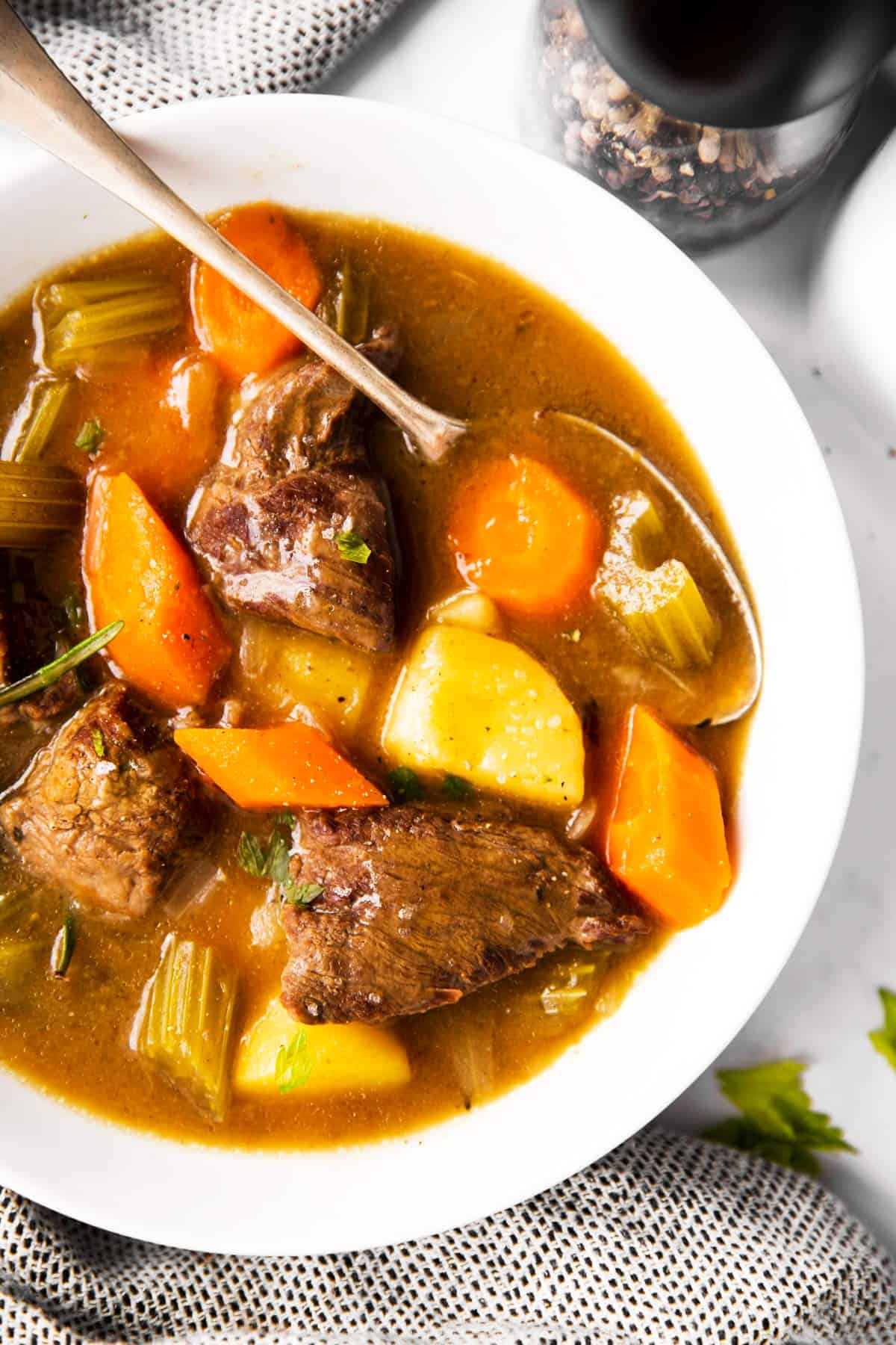 close up photo of Irish beef stew in a bowl