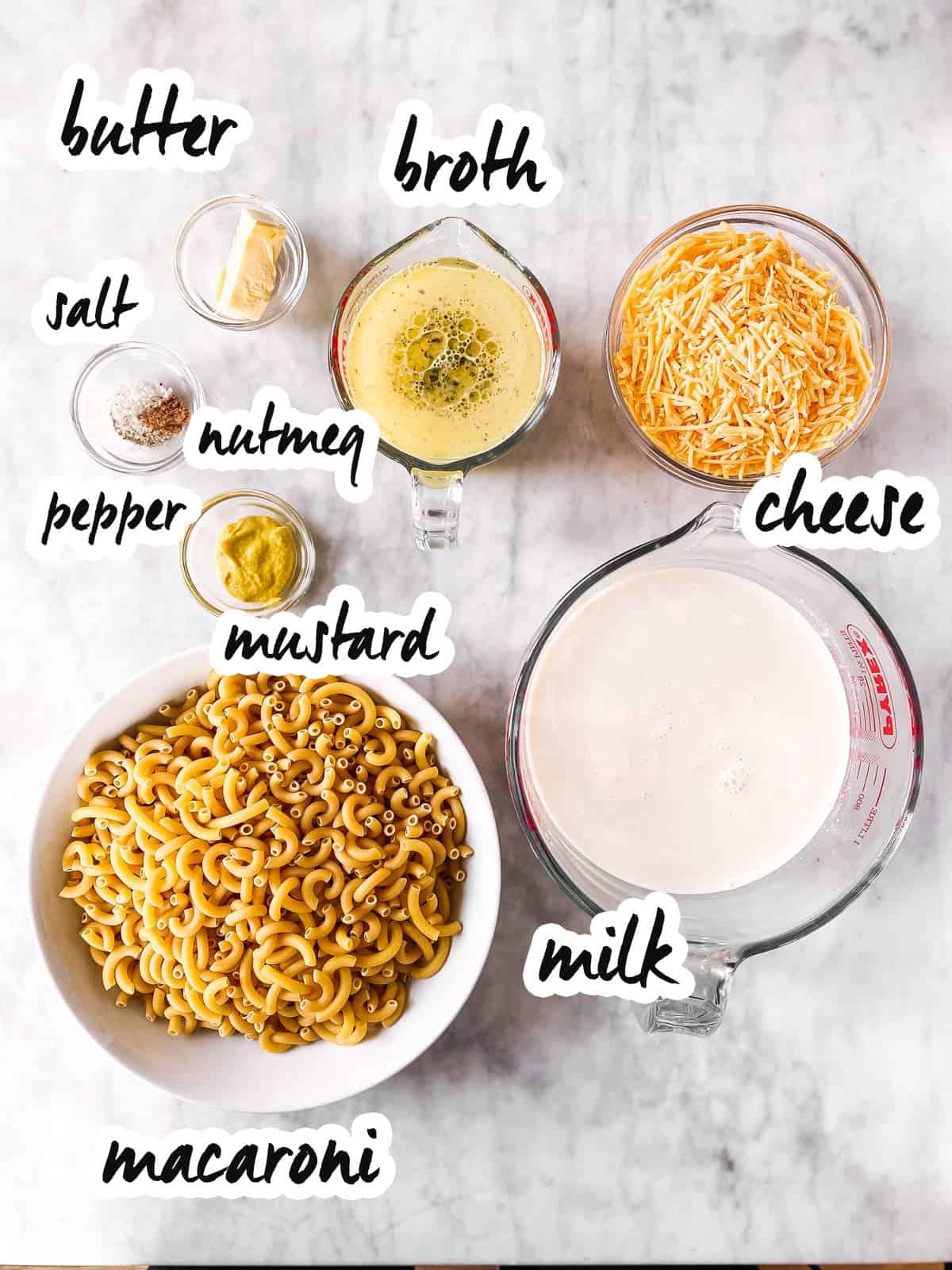 ingredients for stovetop Mac and cheese with text labels
