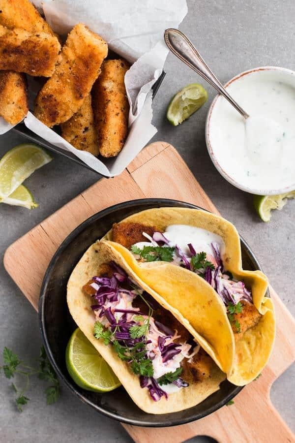 Baja Fish Tacos with Creamy Cilantro Lime Slaw Savory Nothings