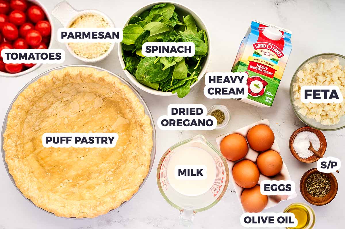 Ingredients for spinach tomato feta quiche with text labels.
