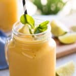 This easy Banana Mango Smoothie recipe is made with 100% whole fruit and juices, so it's entirely vegan. A refreshing tropical morning treat!