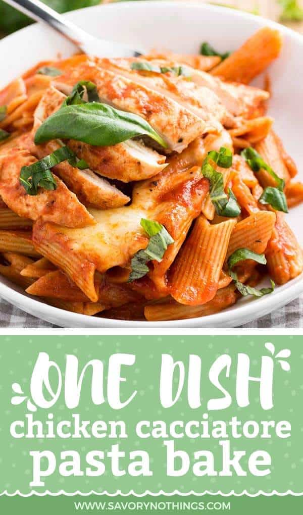 chicken cacciatore with pasta on white plate with text overlay